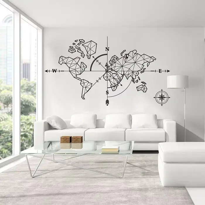 Stickers muraux en vinyle avec carte du monde et boussole