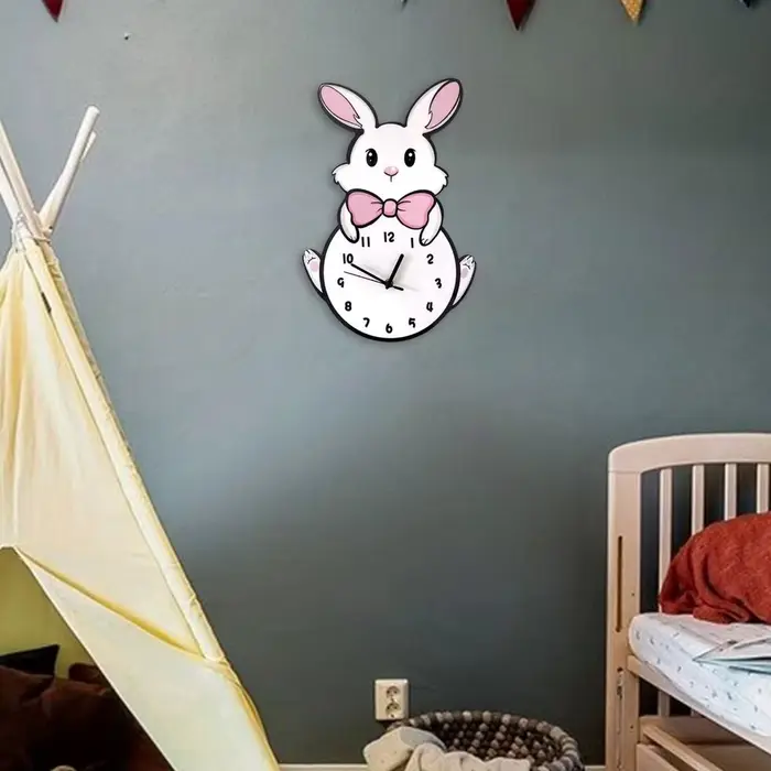 Créatif mignon petit lapin blanc horloge murale suspendue décorative dessin animé