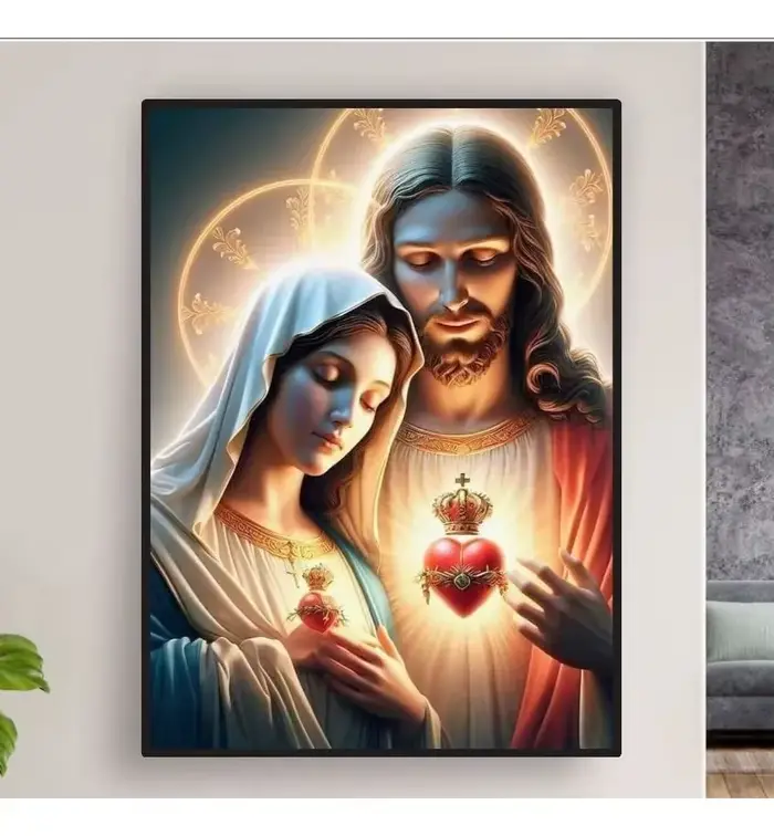 Peinture sur toile du Sacré-Cœur de Jésus et de la Vierge Marie