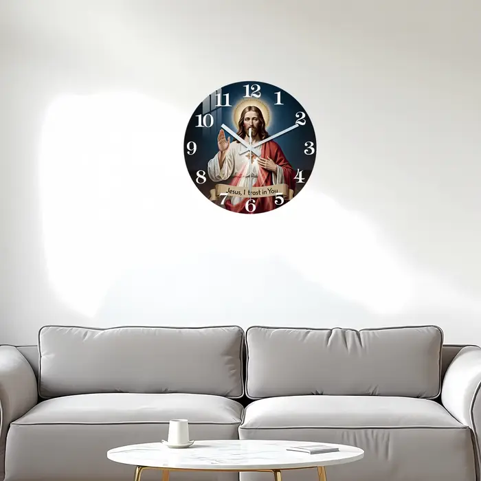 Horloge murale en bois bleu profond avec motif du Sacré-Cœur de Jésus