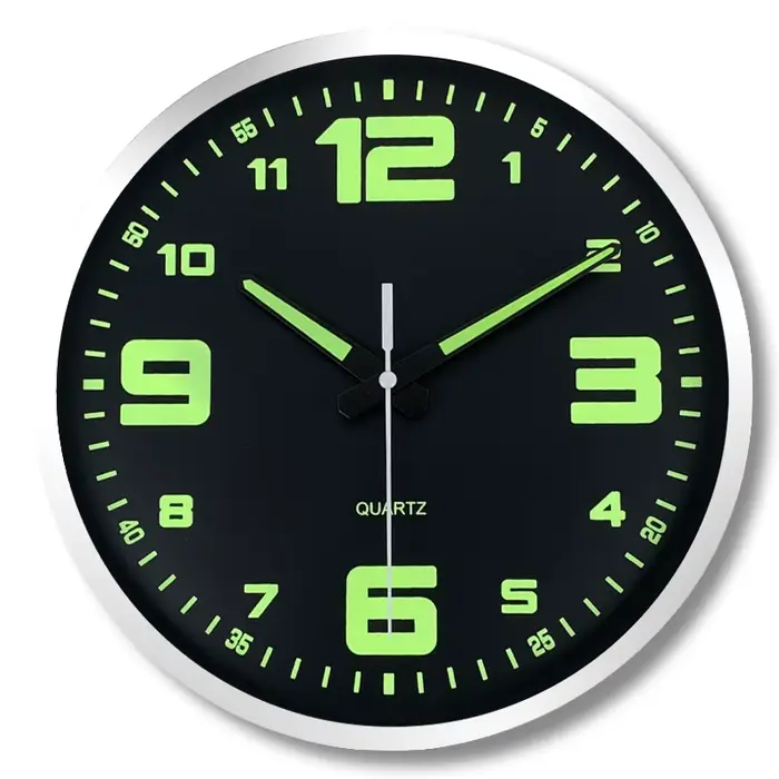 Une horloge murale en verre plastique lumineux unique, horloge lumineuse ronde et silencieuse modern