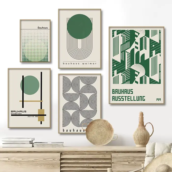 Bauhaus – affiches murales modernes et minimalistes, lignes de blocs de couleurs vertes, imprimés, peinture sur toile, images abstraites, décor de salon