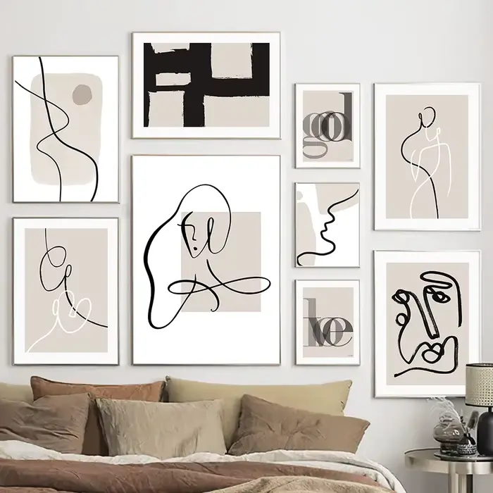Tableau mural minimaliste sur toile, dessin de lignes abstraites beige et noires, affiches et impressions pour le salon