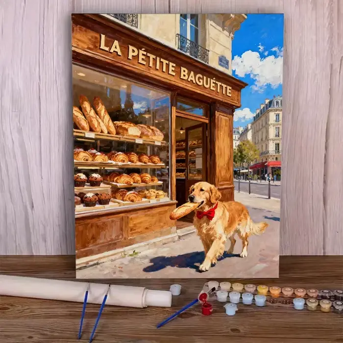 Peinture à l'huile par numéros DIY, chien Golden Retriever, boulangerie française, décoration murale