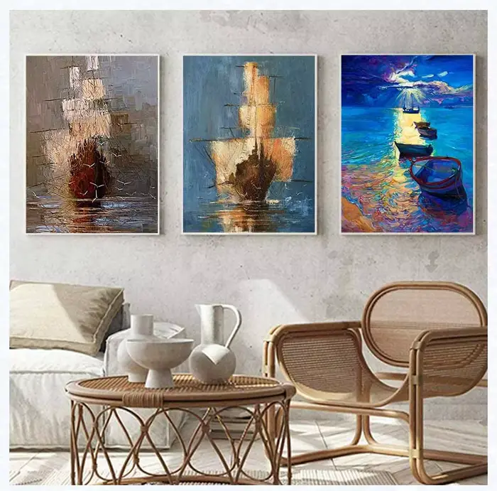 Peinture abstraite sur toile d'un bateau à voile sur la mer