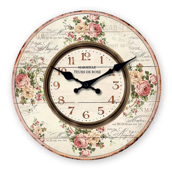 Français Romantique Marseille Rose Bouquet Modèle Horloge murale en bois Salon Chambre Cuisine Décor