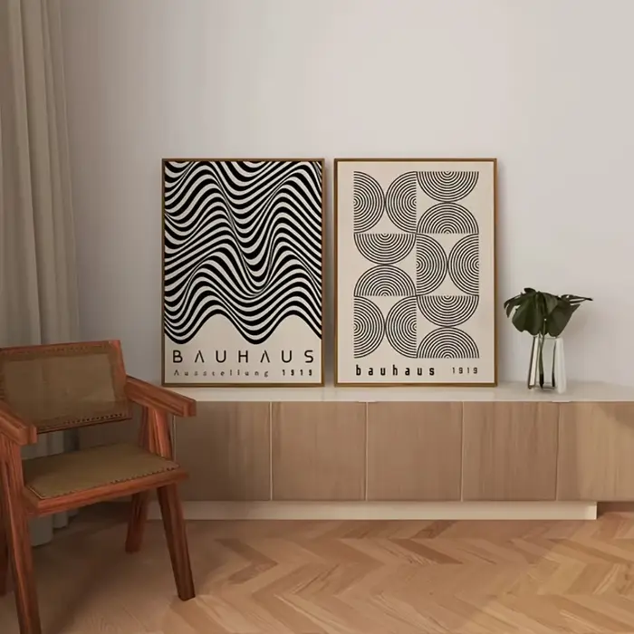 Deux peintures sur toile noires et blanches de Style Bauhaus rétro