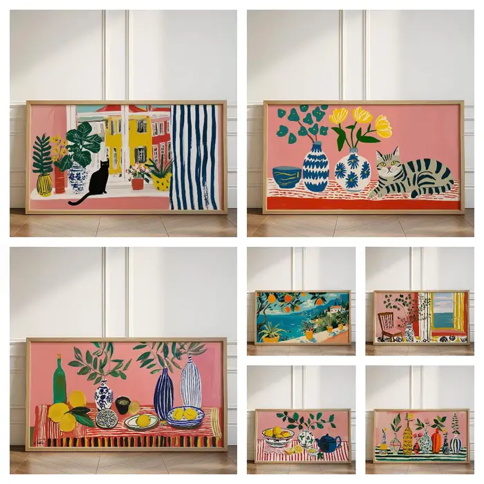 Série Matisse, toile murale abstraite avec chat noir et fleurs colorées dans un vase