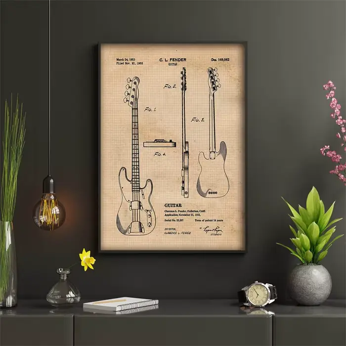 Affiche murale en toile pour guitares basses électriques Vintage, imprimés brevetés, décor artistique esthétique, étudiant, enseignant, musique, ventilateur de garde-boue Lion