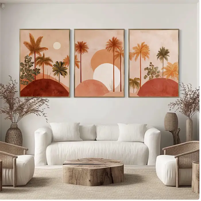 Ensemble d'art mural Boho en terre cuite avec palmiers, impressions sur toile abstraites de coucher de soleil tropical et désertique, décoration intérieure chaleureuse et terreuse, et cadeaux parfaits