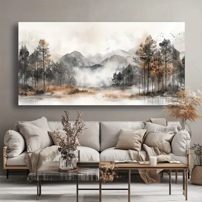 Art mural, peinture abstraite de forêt brumeuse avec vue sur les montagnes, image sans cadre pour sa