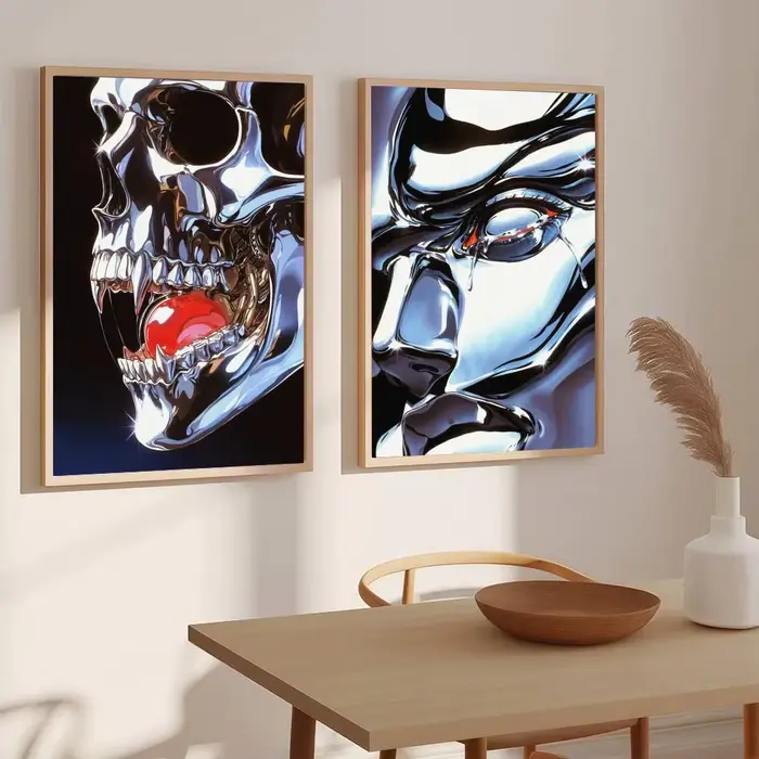 Peinture de style Japandi, couleur argentée brillante, calligraphie, impression sur toile moderne, décoration murale élégante pour chambre à coucher, café, maison, cadeau