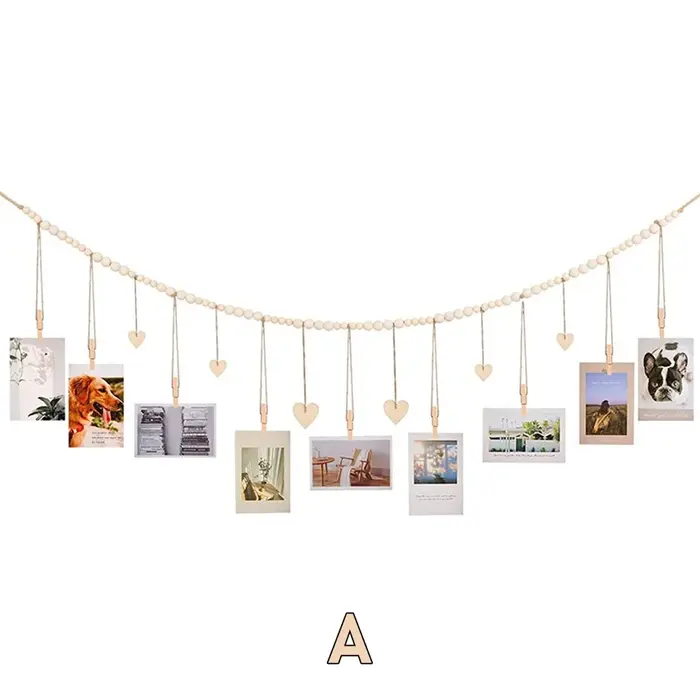 Décoration murale pour photos suspendues - Guirlande rustique bohème en perles de bois avec 9 pinces