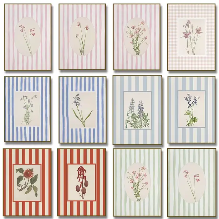 Affiche botanique à rayures bleues et florales roses, peinture sur toile imprimée neutre Cottagecore, tableau d'art mural pour décoration de salon et de maison
