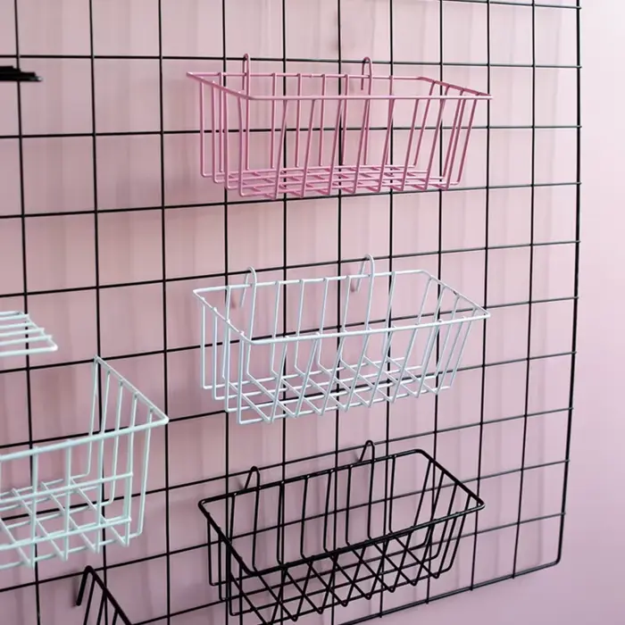Grille Photo Mur Accessoires Panier Suspendu Décoration Murale En Fer Forgé pour Étagère Créative Organisateur avec Crochets