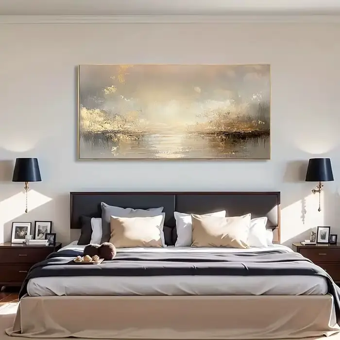 Grande peinture à l'huile texturée abstraite beige et dorée – Art mural sans cadre pour salon