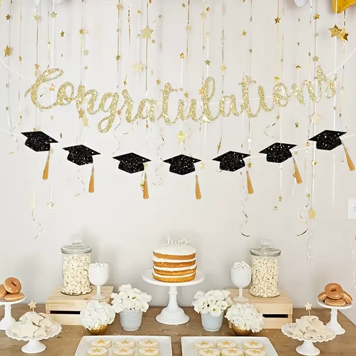 Ensemble de bannières pour fête de remise des diplômes, bannière dorée à paillettes « Félicitations 