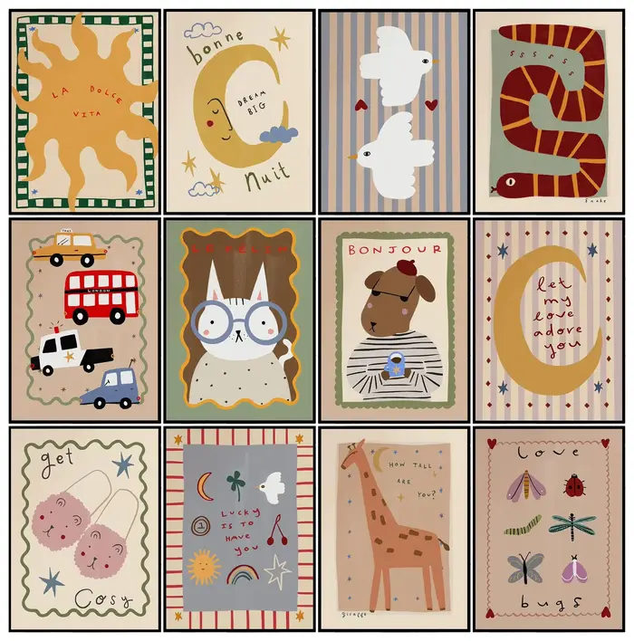 Bohème soleil lune Animal dessin animé Illustration affiche imprime toile peinture mur Art photo salon maternelle