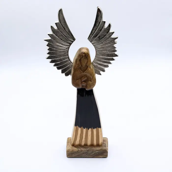 Large Mango Wood Gardian Angel Metal Wings & Enamel Detail