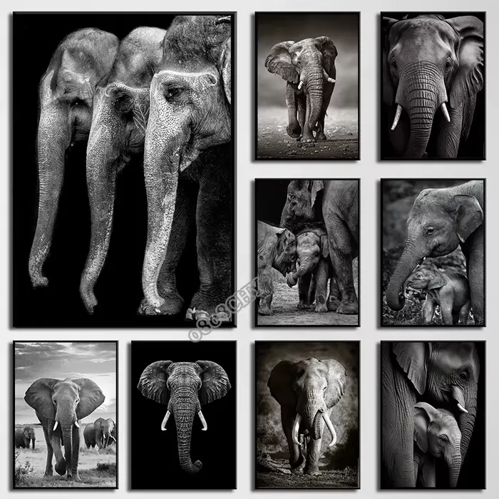 Peinture sur toile d'éléphants d'animaux noirs et blancs
