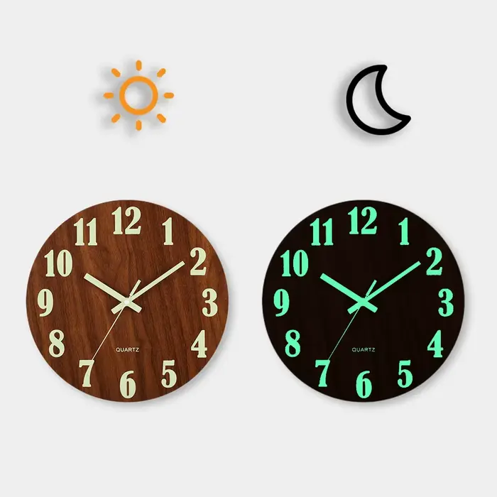 Horloge murale lumineuse en bois nordique de 12 pouces, horloge silencieuse à quartz sans tic-tac av