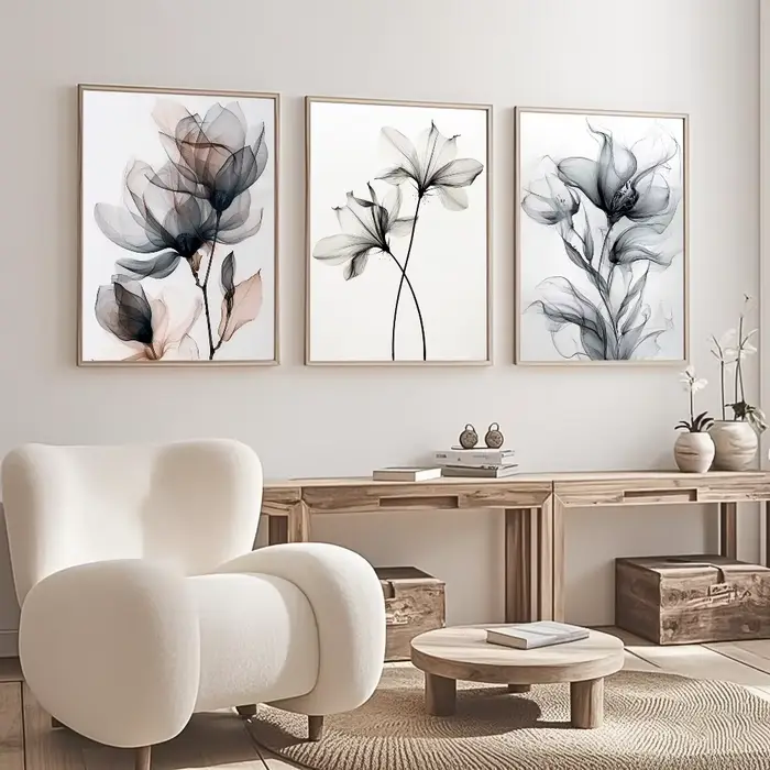 Peinture sur toile de fleurs à l'encre noire et blanche
