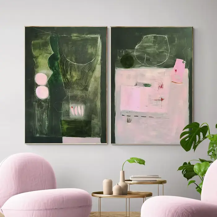 Affiches modernes abstraites vertes et roses