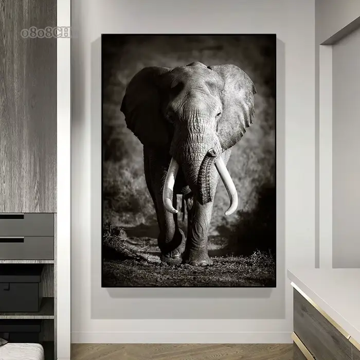 Peinture sur toile d'éléphants d'animaux noirs et blancs