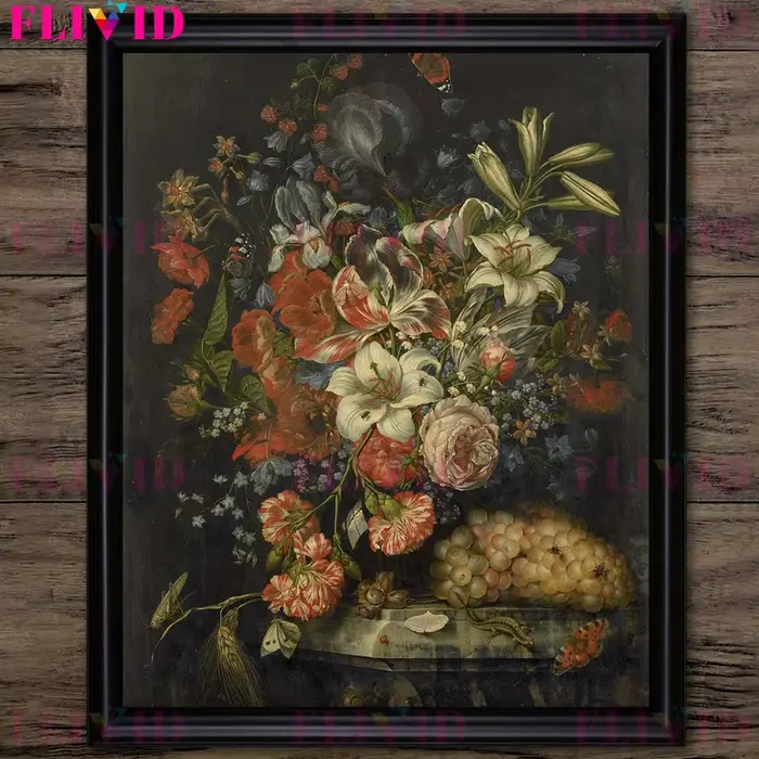Affiche d'art de bouquet de fruits et de panier de fleurs d'époque victorienne
