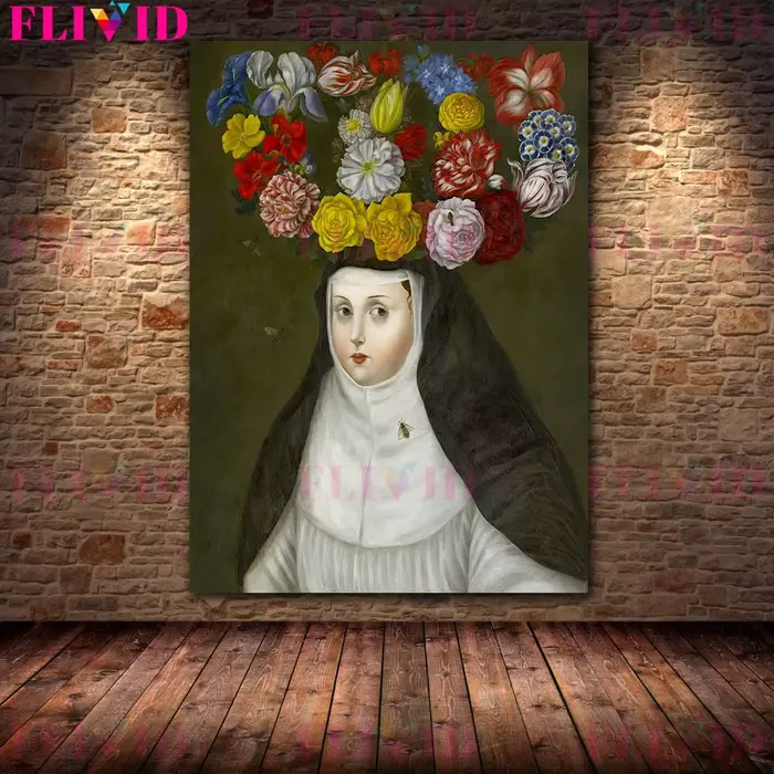 Adolescent portant des couronnes de fleurs victorien Vintage mur Art toile peinture nonne avec Bouquet Art abstrait affiche imprimer décor à la maison