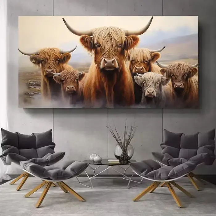 Une œuvre d'art 2D/plat représentant une famille de vaches des Highlands, parfaite pour la décoratio