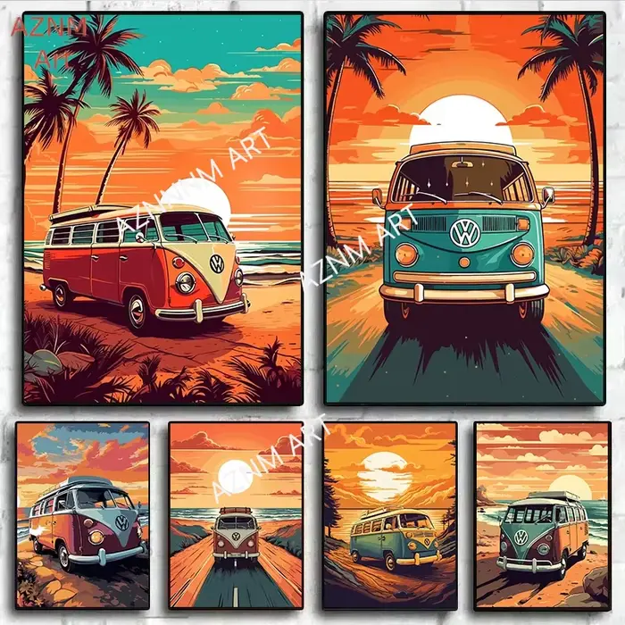 Affiches rétro Vintage Nature Bus sur la plage