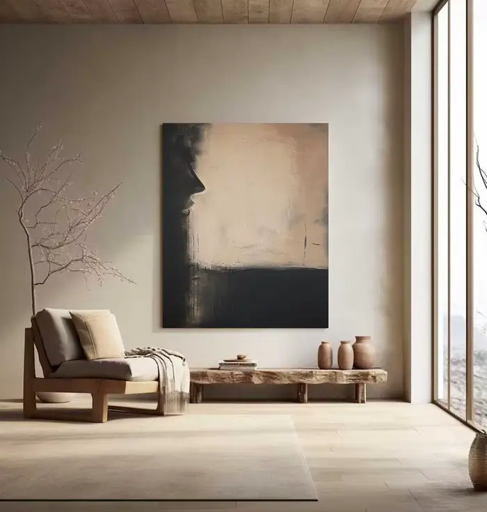Wabi-sabi Art mural noir Beige peinture abstraite médiévale