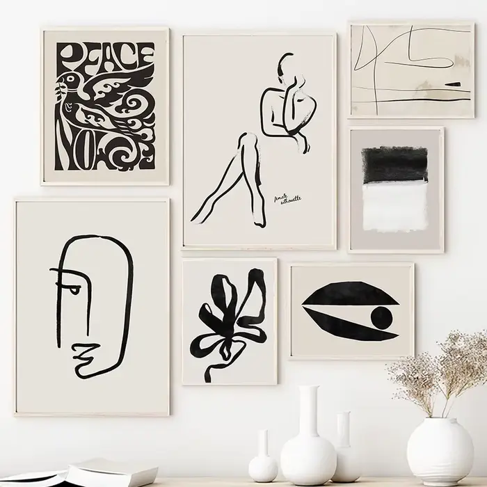 Affiche d'art minimaliste abstraite avec lignes, figures, visages et feuilles, impression cubiste, décoration murale de galerie, style exposition moderne, toile pour la maison