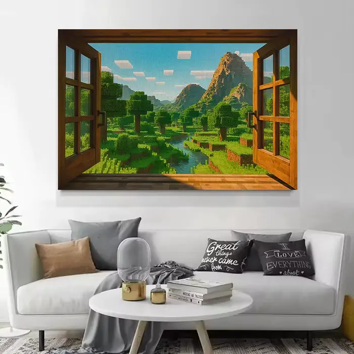 Affiche de jeu vidéo avec vue de fenêtre Steve, Pixel World Sandbox, peinture sur toile, images d'art murales, décor de salle de jeu pour la maison
