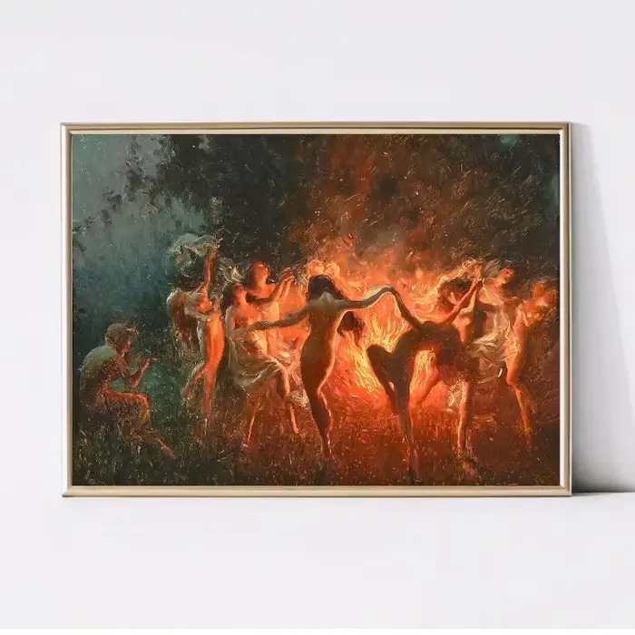 Sorcière magique fée feu danse, grand art mural vintage. Affiche imprimée sur toile HD, maison, salo