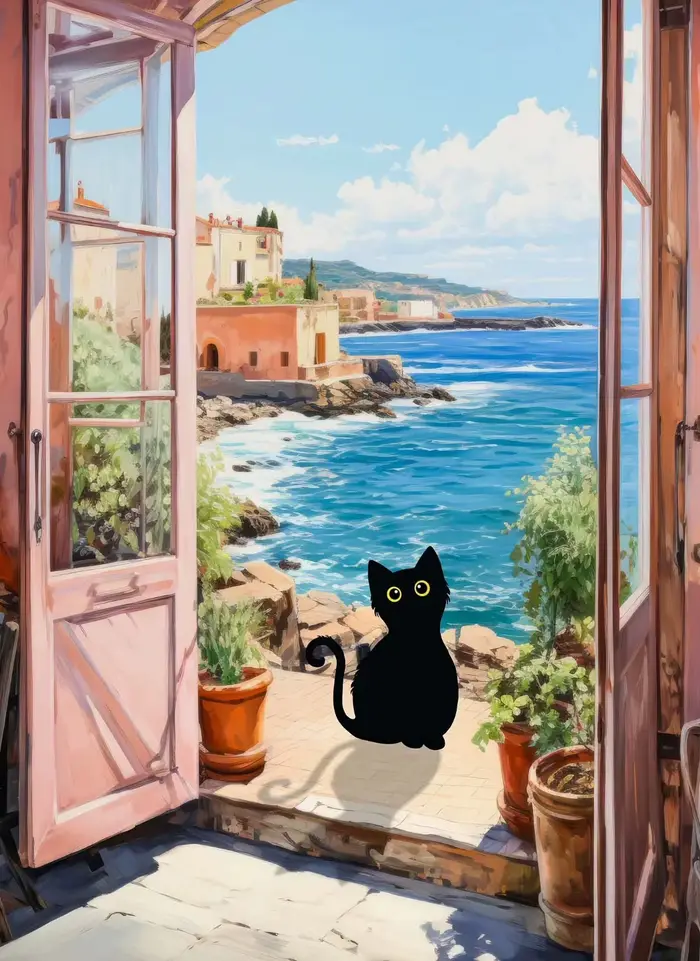 Art mural vintage amusant avec chat noir, Van Gogh Nuit étoilée, œuvres d'art de Claude Monet, affic