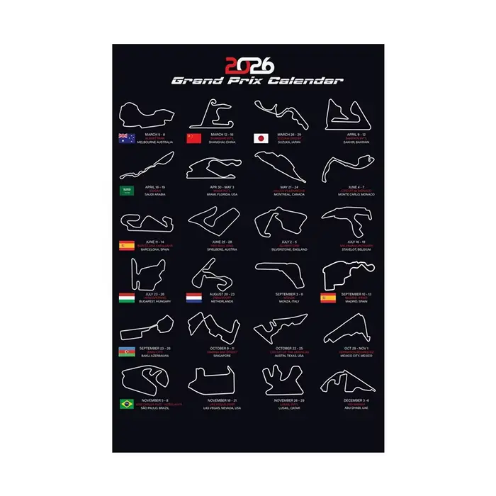 Affiche et impression du calendrier des Grand Prix de Formule 1 de la saison 2026, peinture sur toil