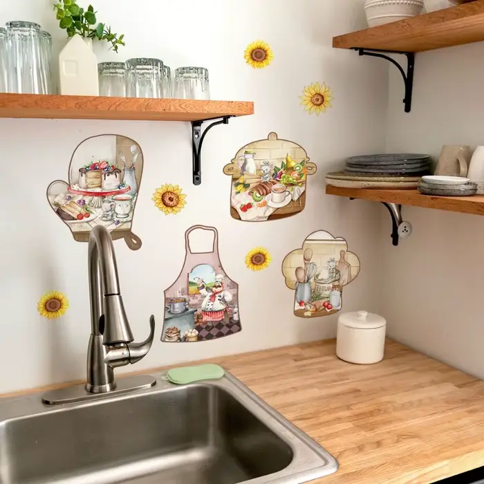 Mode imperméable à l'eau anglais vaisselle autocollants mignon bricolage cuisine Stickers muraux auto-adhésif dessin animé tournesol décalcomanie chambre