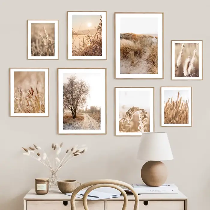 Affiche d'automne naturelle, coucher de soleil, maison dans les arbres, herbe, roseau, blé, peinture sur toile, art mural, impression, images, décoration de salon, décoration de la maison