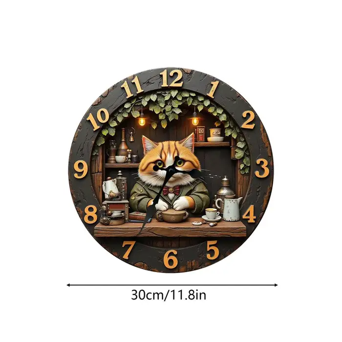 Horloge murale 11,81 pouces, thème chat, décoration en bois, horloge murale pour la maison, le salon