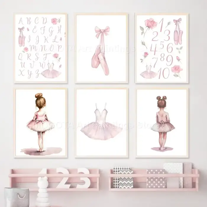 Ballerine Alphabet numéro chaussures robe couronne papillon pépinière mur Art toile peinture affiche et impression photos fille chambre décor