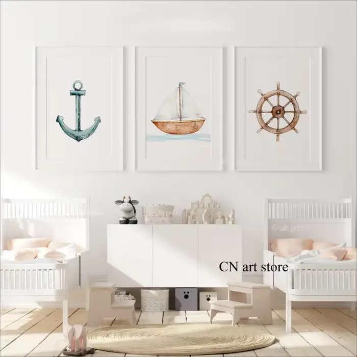 Affiche d'art de bateau nautique de Style dessin animé, ancre de chambre d'enfants, roue de bateau, peinture sur toile, imprimés muraux, image, décoration de maison pour salon