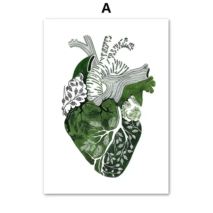 Affiches nordiques d'anatomie de médecine abstraite verte, cœur, oeil de poumon, peinture sur toile 