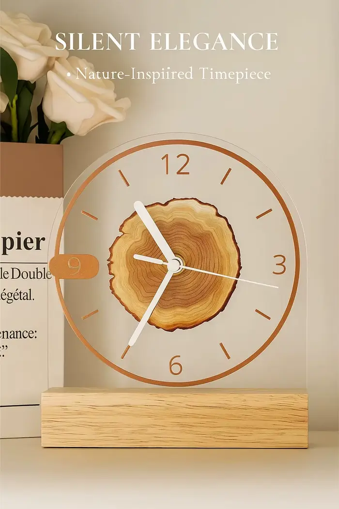 Horloge de bureau minimaliste en acrylique avec base en bois massif – Mouvement silencieux