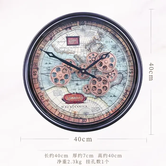 Horloge murale circulaire rétro pour salon, engrenage en fer créatif, décoration de la terre, style 