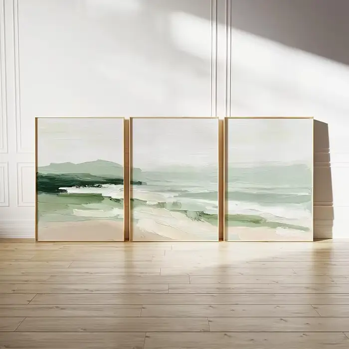Affiches de vagues côtières vertes, 3 pièces, peintures sur toile, paysage marin neutre, décoration