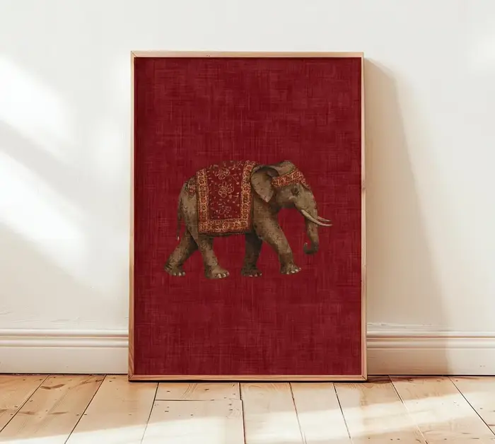 Impression de motif d'éléphant indien, art mural textile rouge, décoration tribale bohème, affiche a
