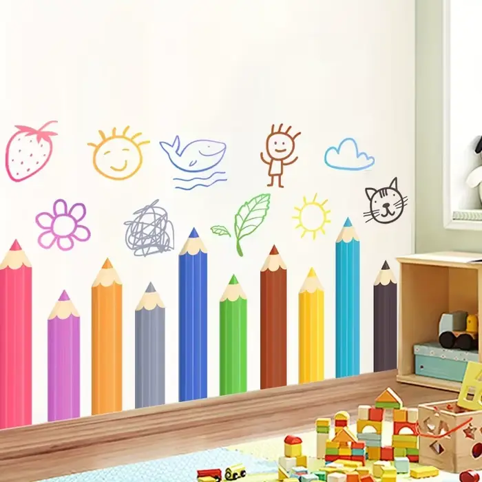 Autocollants muraux amusants en forme de crayons avec des motifs dessinés à la main