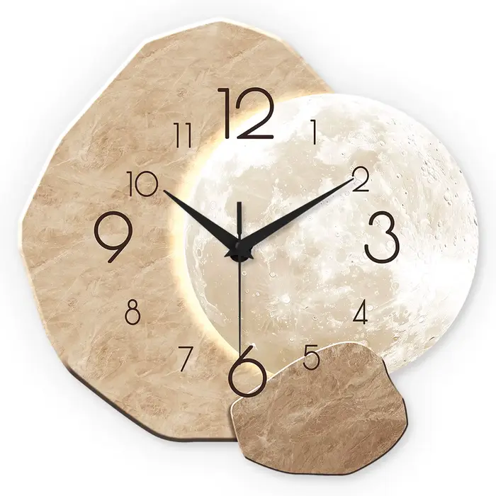 Horloge murale moderne simple et silencieuse, design lunaire – Mouvement à quartz, matériau en bois,